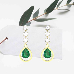 Pear Natural Emerald And Diamond Dangle Drop Earrings In 14k Solid Gold / Women Gift May Birthstone Earrings