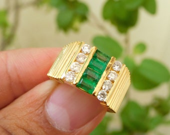 Men's Natural Zambian Emerald Baguettes Ring in 14k Yellow gold / Wedding ring / mens surprised ring / Father's Day Gift/ Men Emerald Ring