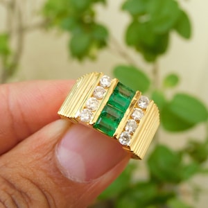 Men's Natural Zambian Emerald Baguettes Ring in 14k Yellow gold / Wedding ring / mens surprised ring / Father's Day Gift/ christmas gift