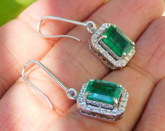 4 Carats Natural Emerald Cut Emerald And Diamond Dangle Drop Earrings / 14k Gold May Birthstone Earrings / Natural Emerald Earrings