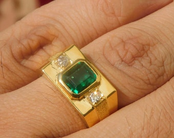 Mens Natural Emerald 18k Solid Gold Ring / Emerald And Diamond Mens Ring / Men Emerald Ring