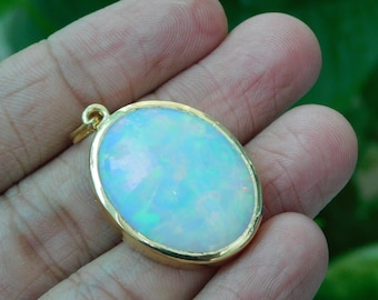 Ethiopian Opal Pendant, 14K Gold Solitaire Jewelry, Natural 30 Carats Oval Gemstone