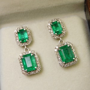 Emerald Cut Dangle Drop Natural Emerald And Diamond Earrings / 14k Gold Emerald Gift Earrings / Christmas Gift Earring