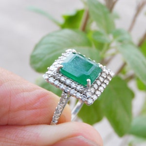 Emerald Cut Natural Emerald And Diamond Engagement Ring / Women Gift Emerald Ring / Solid Gold Women Gift Ring