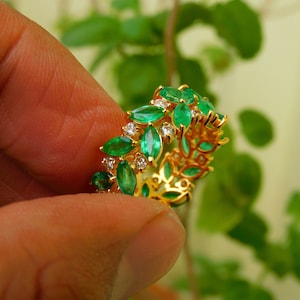 Anillo de bodas de esmeralda natural y diamantes de talla marquesa / Anillo de esmeralda / Anillo de regalo de Navidad