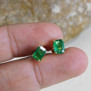 Emerald Cut Natural Emerald Stud Earrings In 14k Solid Gold / Ready To ship 2 Carats Zambian Emerald Gold Earrings