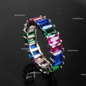 Natural Gemstone Multi Stone Wedding Band - Stunning Solid Gold Women Anniversary Ring - Wedding Band