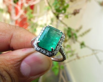 4.50 Carats Emerald And Diamond Ring / 14k Gold Ring For Women And Girls / Women Wedding Engagement Ring / Emerald Engagement ring