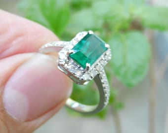Emerald Cut Zambian Emerald and Diamond 14k Gold Engagement Ring - Women Gift May Birthstone Ring