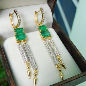 Natural Emerald And Diamond Dangle Earrings For Women And Girls / 14k Gold Anniversary Earrings / May Birthstone Earrings / Emerald Earrings