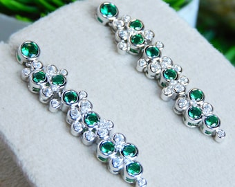 18k Gold Natural Zambian Emerald Diamond Dangle Earrings - Women May Birthstone Gift Earrings