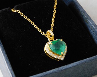 Heart Shape Emerald And Diamond Pendant For Womans / Wedding Emerald Necklace For Womans / 14k Solid Gold Pendant / May Birthstone