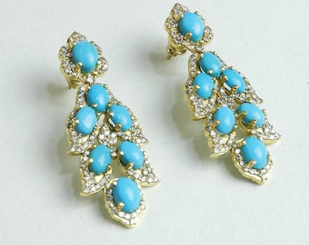 14k Gold Turquoise Diamond Dangle Earrings: Women's Fine Jewelry