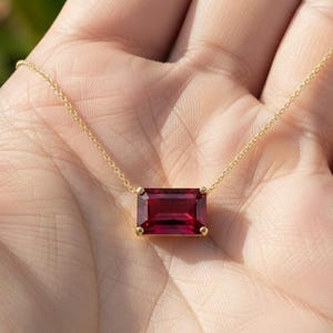Natural Ruby Solitaire Necklace, 14k Gold 4 Carat Emerald Cut Ruby Pendant, Horizontal East West Ruby Necklace, Minimalist July Birthstone