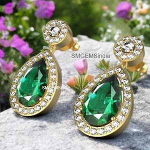 Pear Shape Natural Zambian Emerald And Diamond Earrings / Anniversary Wedding Gift Earrings / Gift For Her