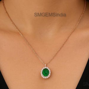 14k Gold Emerald Necklace: Oval Cut with Diamond Halo Women Pendant