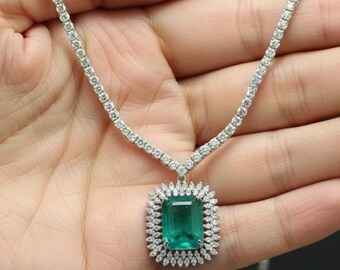 Zambian Emerald Gold Necklace, Emerald Cut Emerald Pendant, May Brithstone Bridal Necklace, Green Color Necklace Anniversary Gift
