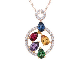 Pear Shape Natural Multi Sapphire And Diamond Necklace - 14k Solid Gold Rainbow Multi Color Stone Necklace