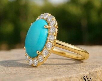 Natuurlijke turquoise en diamanten verlovingsring/18k Solid Gold vrouwen cadeau ring/verjaardag huwelijkscadeau ring