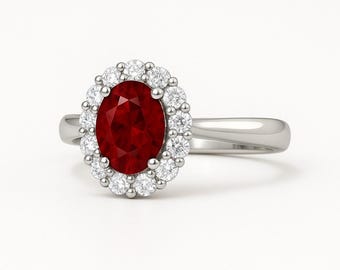 Oval Natural Ruby Diamond Halo Ring - 18k Solid Gold Engagement Ring