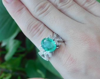 5 Carat Natural Oval Emerald and Diamond 14k Gold Ring - May Birthstone