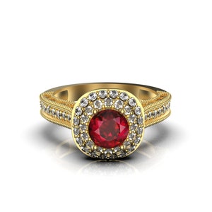 Round Ruby And Diamond Engagement Ring / 14K Gold Ruby Ring / Chritstmas Jewelry Ring