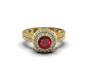Round Ruby And Diamond Engagement Ring / 14K Gold Ruby Ring / Chritstmas Jewelry Ring