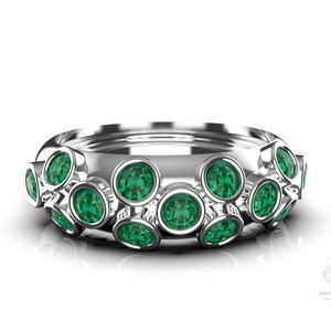 Natural Round Emerald And Diamond Band Ring For Women And Girls / 14k Gold Emerald Ring / Gift Emerald Ring