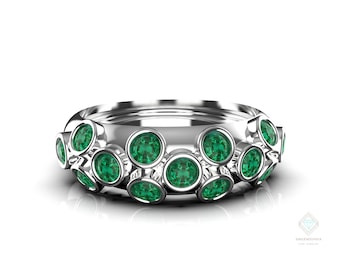 14k Gold Emerald Band Ring - Natural Round Zambian Green Gemstone Ring Band