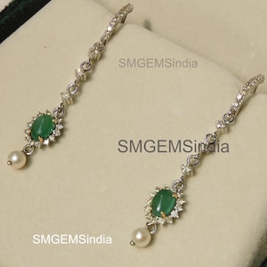 14k Gold Natural Emerald, Pearl & Diamond Dangle Earrings