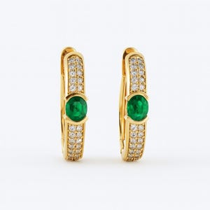 Oval Shape Emerald And Diamond Studs For Women And Girls In 14k Solid Gold / May Birthstone Gift Earrings