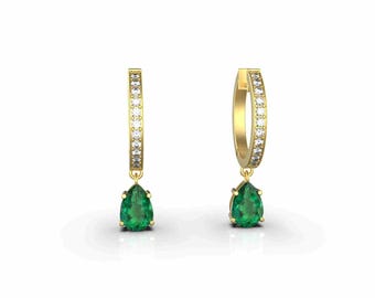 Pear Emerald Diamond Dangle Earrings: 14k Solid Gold May Birthstone