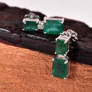 14k Gold Emerald And Diamonds Earrings / Dangle Earrings For Womans / Emerald Cut Earrings / Natural Emerald Earring / Emerald Earrings