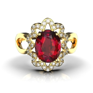 Oval Ruby And Diamond Ring In 14k Solid Gold / Oval July Birthstone Engagement Ring / Christmas Gift Ring