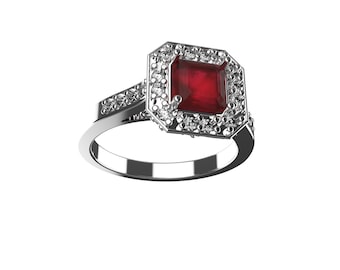 Anillo de compromiso de rubí y diamante de 1 quilate en oro macizo de 14 k / Anillo con gema de julio / Regalo de Navidad