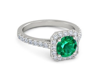 Vivid Green Natural Round Emerald Ring / Gemstone Engagement Ring / Emerald And Diamond Engagement Ring/ christmas gift