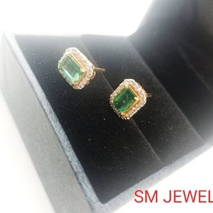 Natural Zambian Emerald and Diamonds Earrings for Womens in 14k Solid Gold / Earrings for Womens / Emerald Earrings/ christmas gift