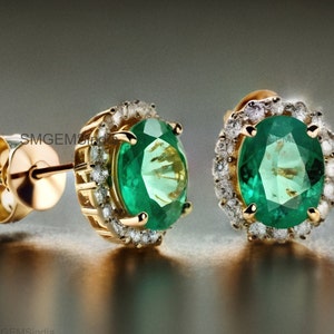 2.30 Carats Natural Zambian Emerald And Diamond Stud Earrings / 14k Solid Gold Women Gift May Birthstone Earring
