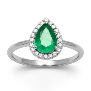 Pear Cut Natural Emerald And Diamond Engagement Ring For Womans / 14k Gold Emerald Ring For Womans