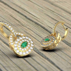 Emerald Diamond Drop Earrings: 14k Solid Gold Oval Dangle