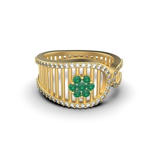 Natural Round Emerald And Diamond Women Gift Ring / 14k Gold Zambian Emerald Ring / Anniversary Gift Ring