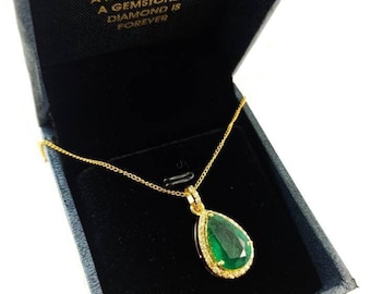 Emerald Necklace 14k Solid Gold, Emerald Diamond Gemstone Pendant, Diamond Jewelry Chic Necklace
