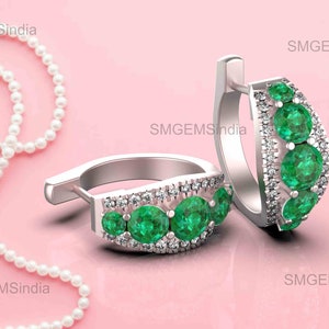 14k Solid Gold Emerald and Diamond Hoop Earrings: May Birthstone Gift
