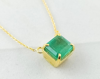 Emerald necklace in 14k gold, octagon emerald pendant, solitaire necklace for her, May birthstone gift, elegant wedding necklace