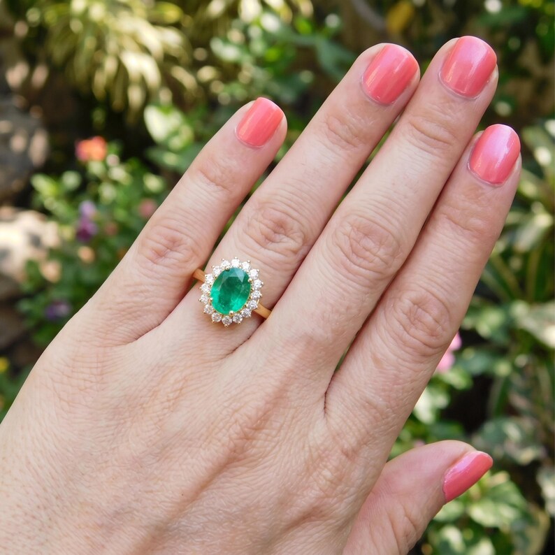Natural Emerald Ring, 2.20 Carat Oval, Diamond halo, 14k Gold May Birthstone Anniversary Gift Ring