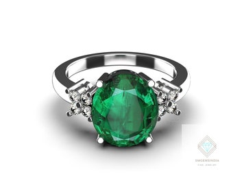 May Birthstone Oval Emerald And Diamond Engagement Ring / Anniversary Gift Ring / Engagement Ring