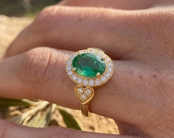 Natural Emerald Ring 14K Gold, Oval Emerald And Diamond, May Birthstone Ring, Emerald Engagement Gift For Her, Anniversary Ring
