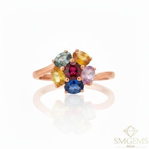 Rainbow sapphire engagement ring, Oval flower band for her, Gay pride jewelry