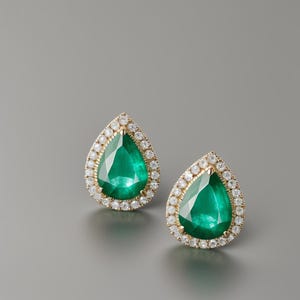 Emerald and Diamond Stud Earrings: 14k Gold Pear-Cut May Birthstone