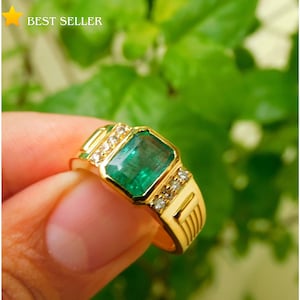 Mens Emerald Ring, 18k Gold Band, Emerald Cut Natural Emerald May Birthstone Fathers Day Gift Ring